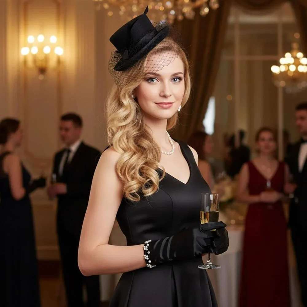Women's Black Short Satin Wedding Tuxedo Pearl Floral Imported Polyester Gloves